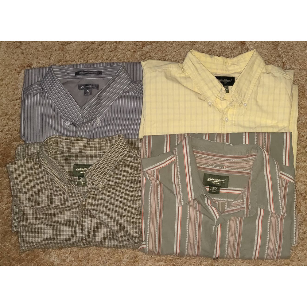 4 EDDIE BAUER MEN'S BUTTON DOWN DRESS SHIRTS 2 LONG, 2 SHORT SLEEVE SIZE IN PICS